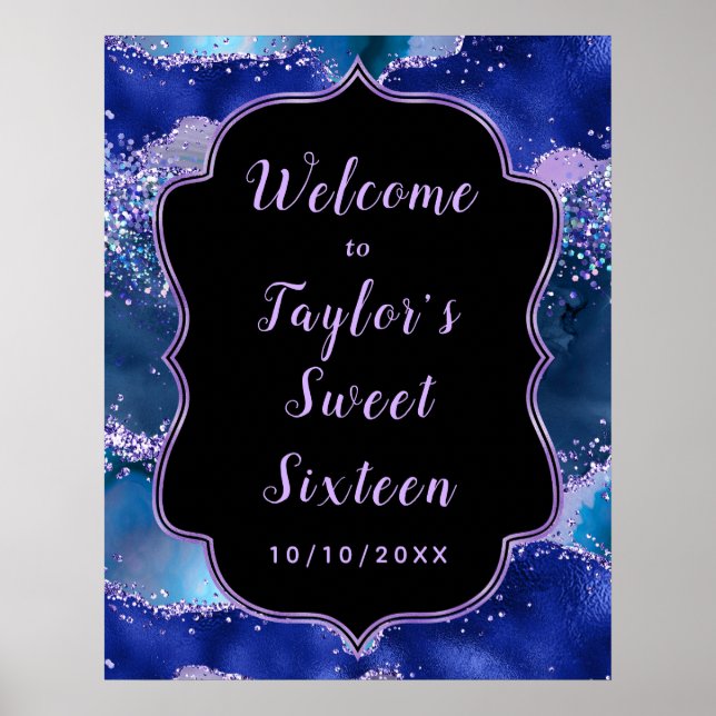 Dark Blue Purple Ocean Agate Sweet Sixteen Welcome Poster (Front)