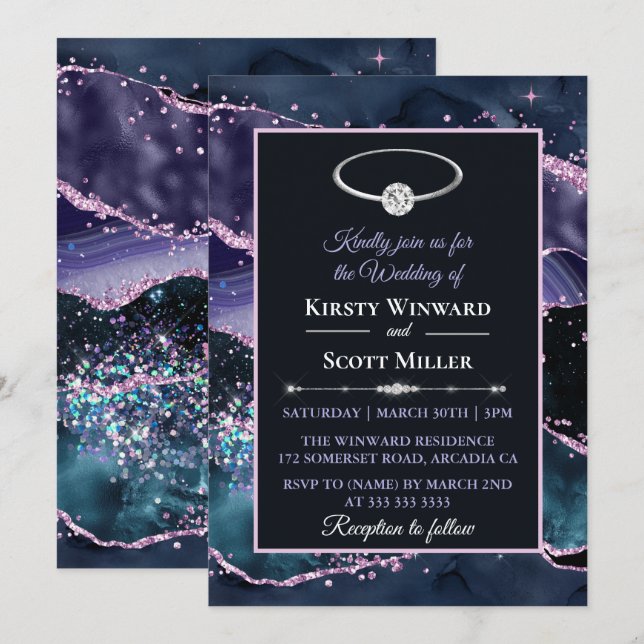Dark Blue Purple Pink Glitter Agate Wedding Invitation (Front/Back)