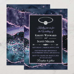 Dark Blue Purple Pink Glitter Agate Wedding Invitation