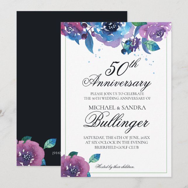 Dark Blue Purple Twilight Floral Anniversary Invitation (Front/Back)