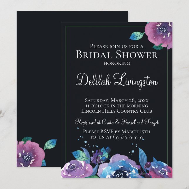 Dark Blue Purple Twilight Floral Bridal Shower Invitation (Front/Back)