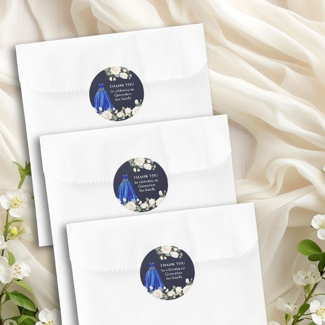 Dark Blue Quinceanera Princess Dress Floral Classic Round Sticker (Thank you sticker from the Princess Dress and Roses Quinceanera collection by Darling & May)