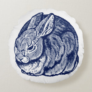 Dark Blue Rabbit Bunny Drawing Art Round Cushion