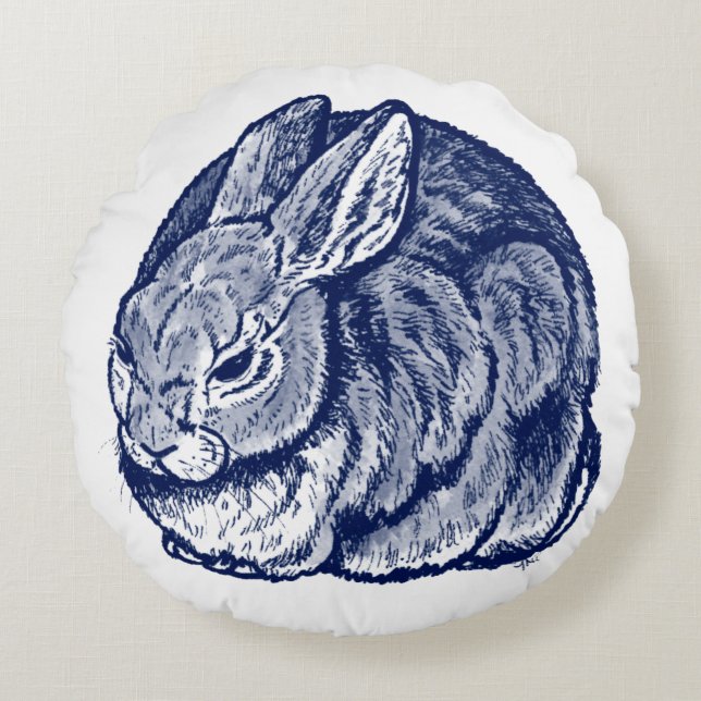 Dark Blue Rabbit Bunny Drawing Art  Round Cushion (Front)