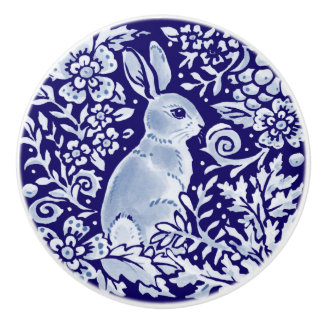 Dark Blue Rabbit Woodland Animal Floral Cobalt Ceramic Knob