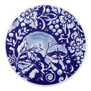 Dark Blue Raccoon Woodland Animal Floral Cobalt Ceramic Knob