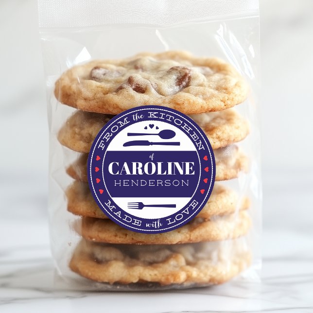 Dark Blue Red and White Made With Love Food Gift Classic Round Sticker (Creator Uploaded)