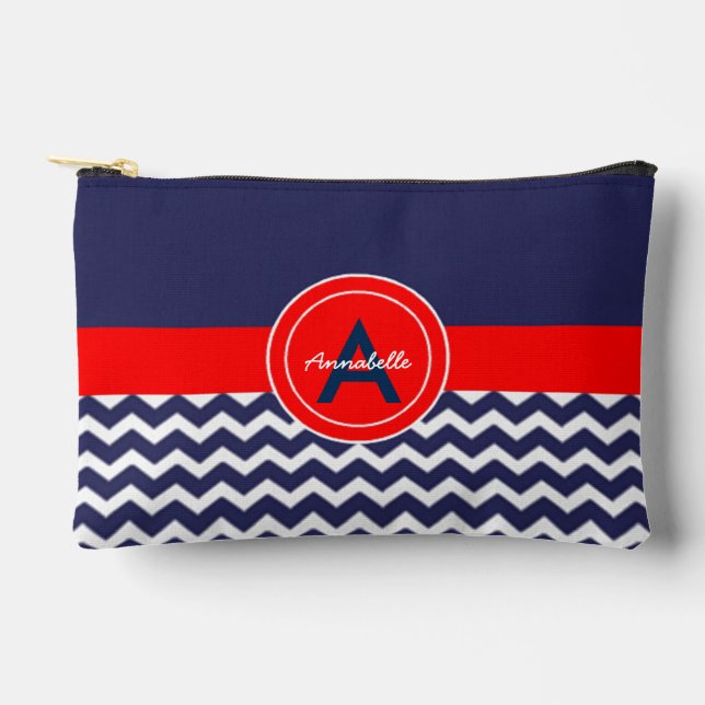 Dark Blue Red Chevron Accessory Pouch (Front)