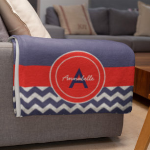 Dark Blue Red Chevron Fleece Blanket