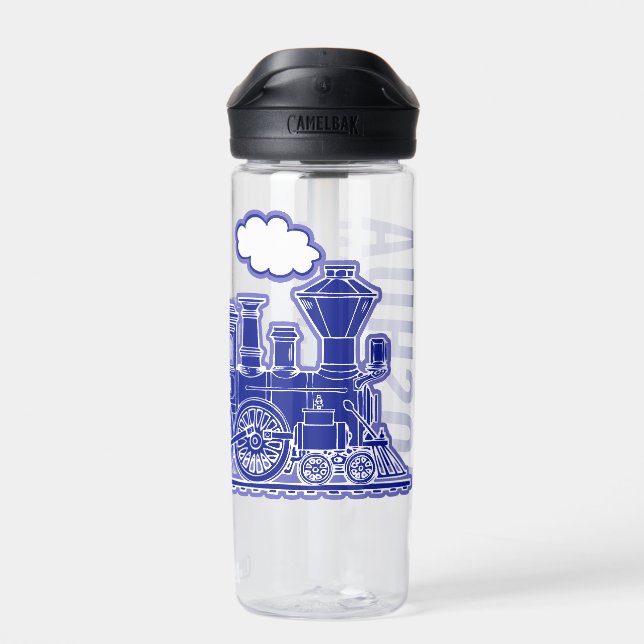 Dark blue retro steam train full name  water bottle (Back)