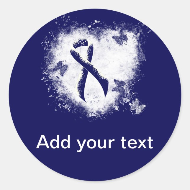 Dark Blue Ribbon Grunge Heart Classic Round Sticker (Front)