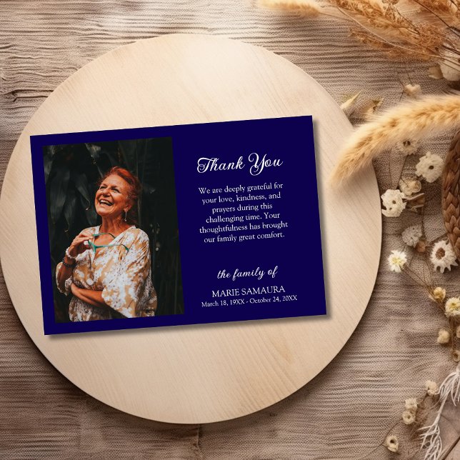 Dark Blue Romantic Customize Photo Funeral Thank Thank You Card (Creator Uploaded)