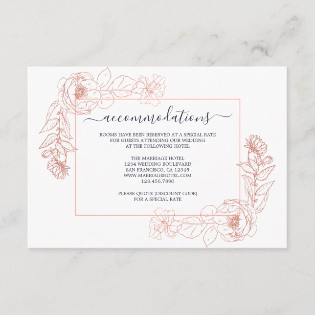 Dark Blue Rose Gold Floral Wedding Information Enclosure Card (Front)