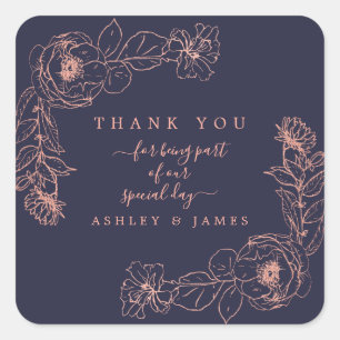 Dark Blue Rose Gold Floral Wedding Thank You Square Sticker