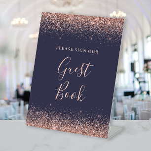Dark Blue Rose Gold Glitter Wedding Guest Book Pedestal Sign