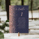 Dark Blue Rose Gold Glitter Wedding Table Number<br><div class="desc">The left-hand edge of this elegant modern wedding table number card features a rose gold faux glitter border. The word "table" appears in rose pink whimsical handwriting script on a dark blue background. Add the names of your guests who are assigned to each table.</div>