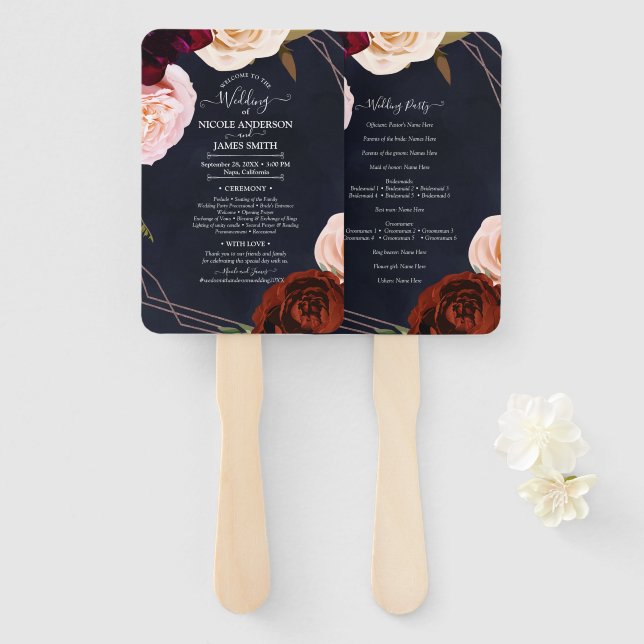 Dark Blue & Rose Gold Modern Rustic Floral Wedding Hand Fan (Front and Back)