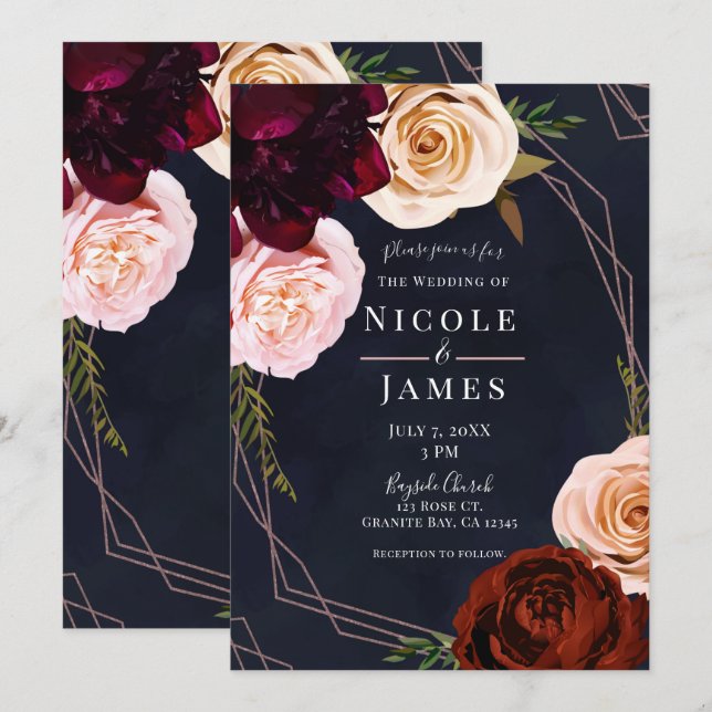 Dark Blue & Rose Gold Modern Rustic Floral Wedding Invitation (Front/Back)