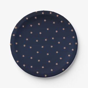 Dark Blue & Rose Gold Pink Glittery Stars Paper Plate