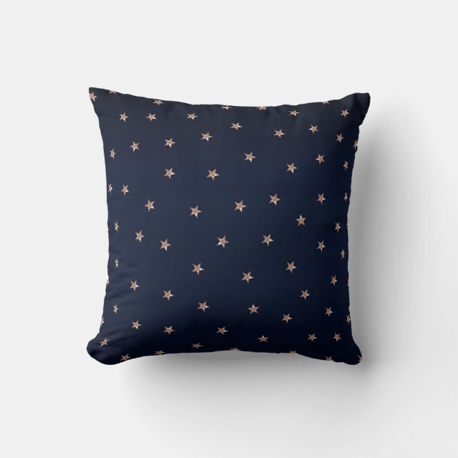 Dark Blue & Rose Gold Pink Glittery Stars Starry Cushion (Front)