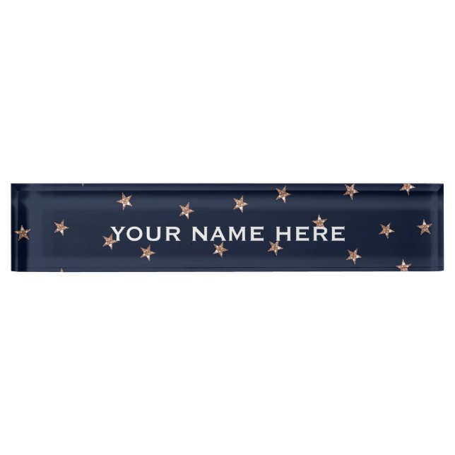 Dark Blue & Rose Gold Pink Glittery Stars Starry Nameplate (Front)