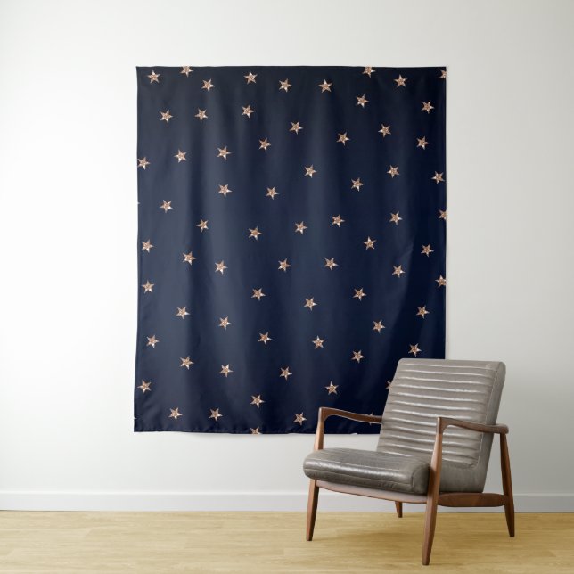 Dark Blue & Rose Gold Pink Glittery Stars Starry Tapestry (In Situ)