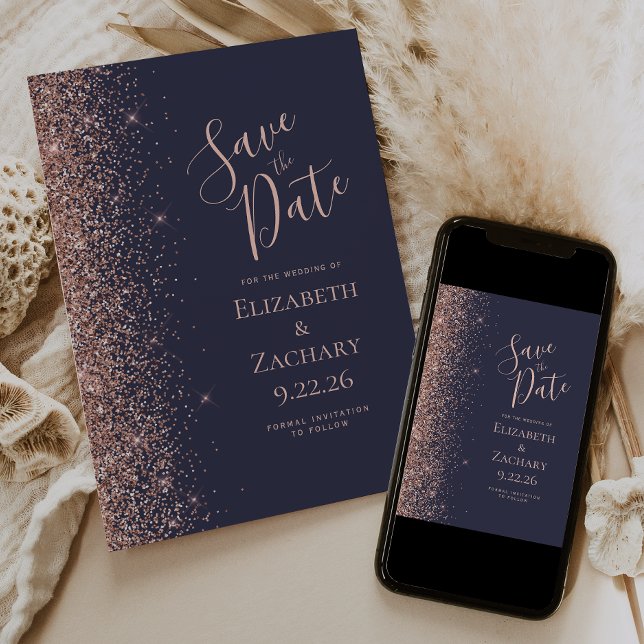 Dark Blue Rose Gold Save the Date Announcement (Creator Uploaded)