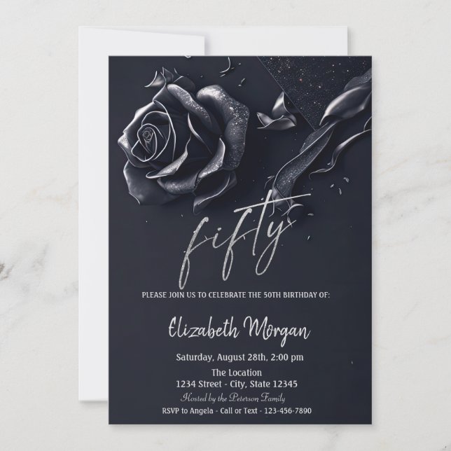 Dark Blue Rose Gothic 50th Birthday  Invitation (Front)