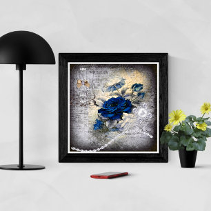 Dark Blue Rose Victorian Ephemera Grunge Poster