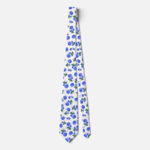 Dark Blue Roses floral pattern on White Tie