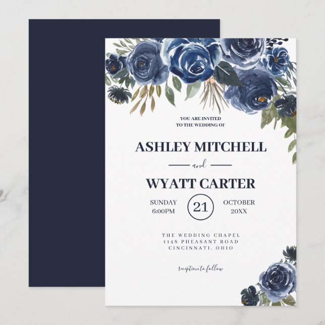 Dark Blue Roses Wedding Invitation (Front/Back)