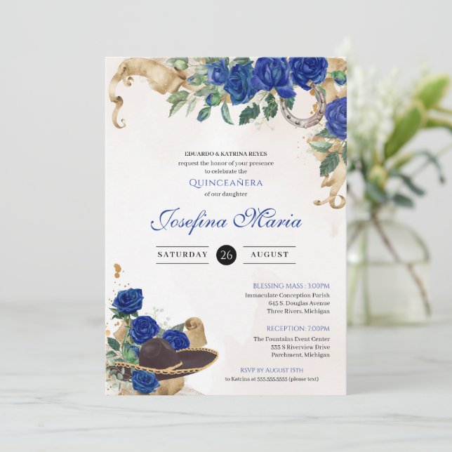Dark Blue Royal Rose Mexicana Mariachi Quinceanera Invitation (Standing Front)