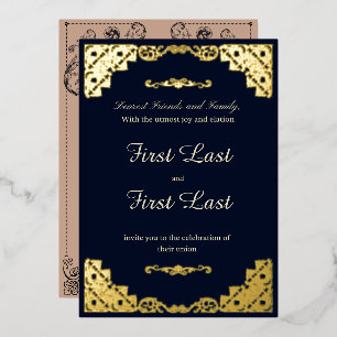 Dark Blue Royalty Wedding Foil Invitation
