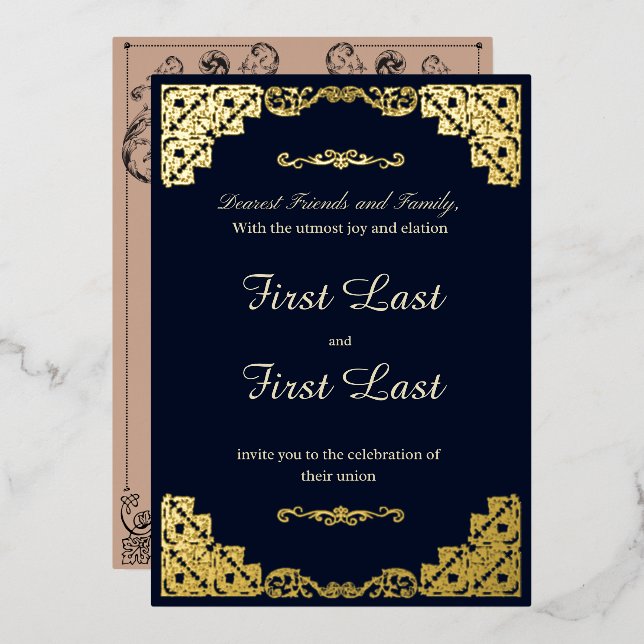 Dark Blue Royalty Wedding Foil Invitation (Front/Back)