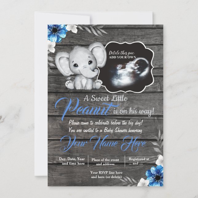 Dark blue rustic elephant boy invitation shower (Front)