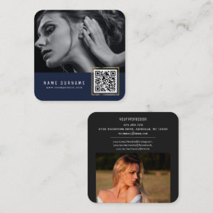 Dark blue scannable barcode QR code photo Square Business Card