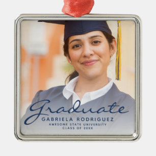 Dark Blue Script Photo Graduation Keepsake Metal Tree Decoration