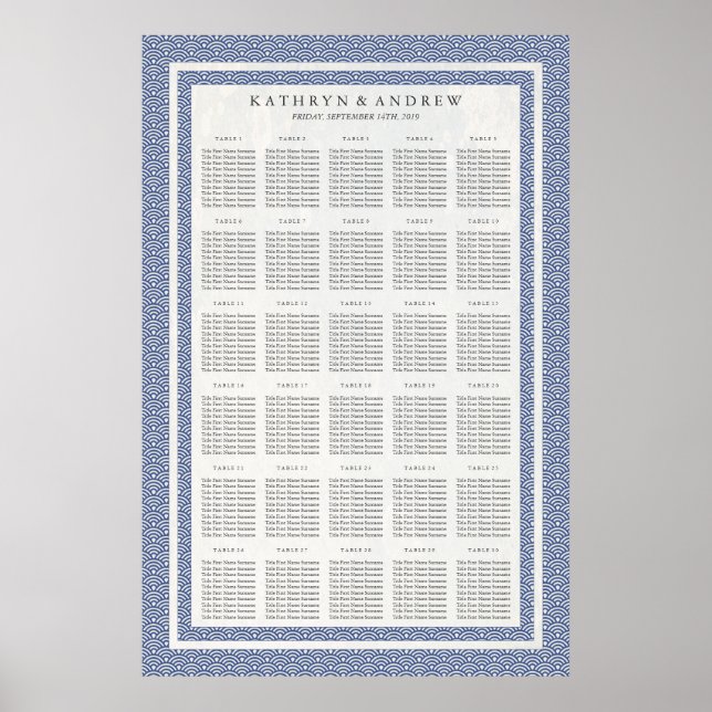Dark Blue Seigaiha Wedding/Event Seating Chart (Front)