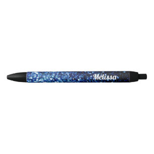 Dark Blue shiny faux glitter sparkles Personalise Black Ink Pen