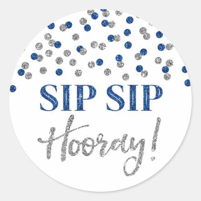 Dark Blue Silver Confetti Sip Sip Hooray Classic Round Sticker (Front)