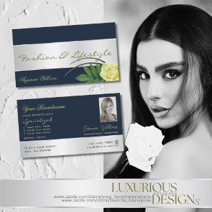 Dark Blue Silver Decor Cute Rose Flower with Photo Business Card
