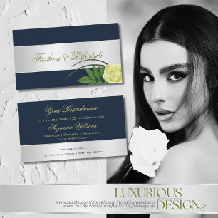 Dark Blue Silver Decor Rose Flower Elegant Floral Business Card