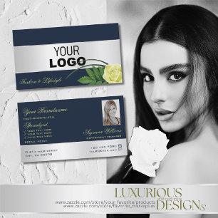 Dark Blue Silver Decor Rose Flower Logo and Photo Business Card