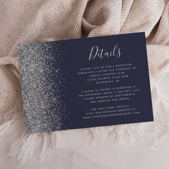Dark Blue Silver Glitter Edge Wedding Details Enclosure Card (Creator Uploaded)