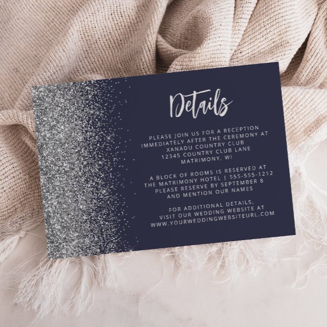 Dark Blue Silver Glitter Script Wedding Details Enclosure Card (Creator Uploaded)