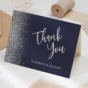 Dark Blue Silver Glitter Wedding Thank You Card