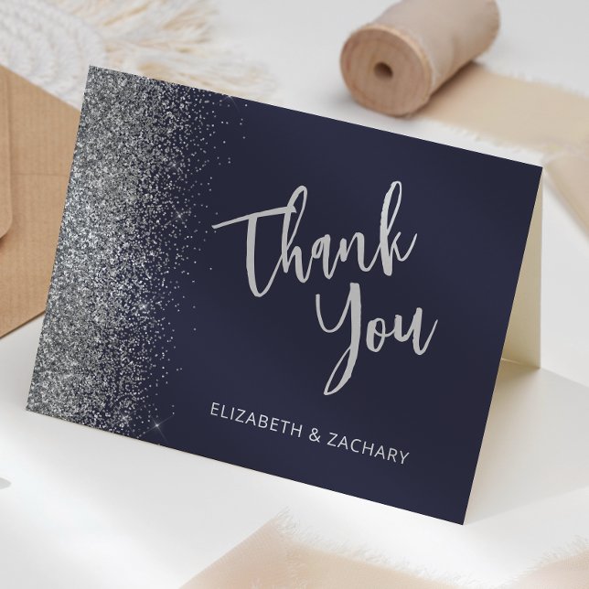 Dark Blue Silver Glitter Wedding Thank You Card (Creator Uploaded)