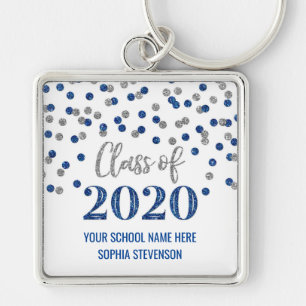Dark Blue Silver Graduation Class of 2020 Confetti Key Ring