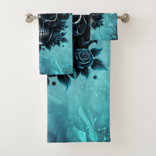 Dark blue skull with roses. bath towel set