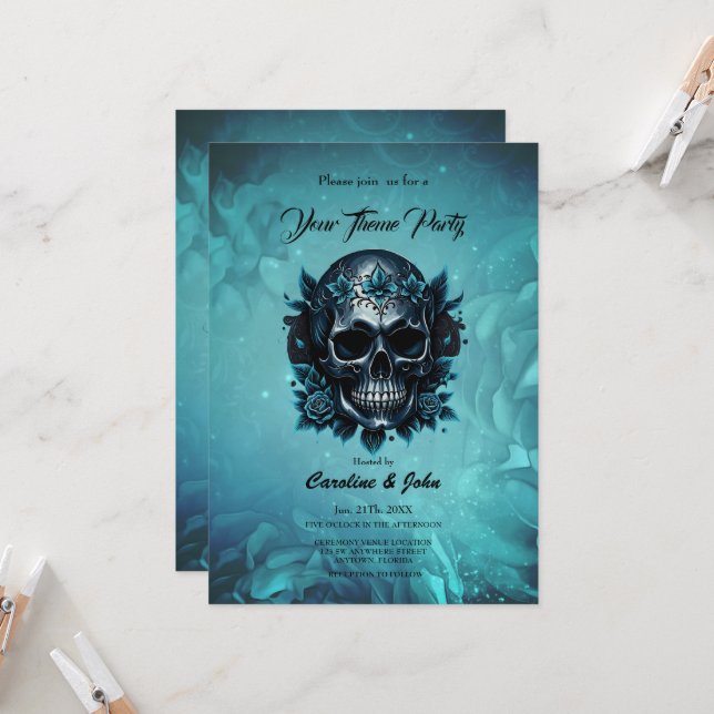 Dark blue skull with roses invitation (Front/Back In Situ)